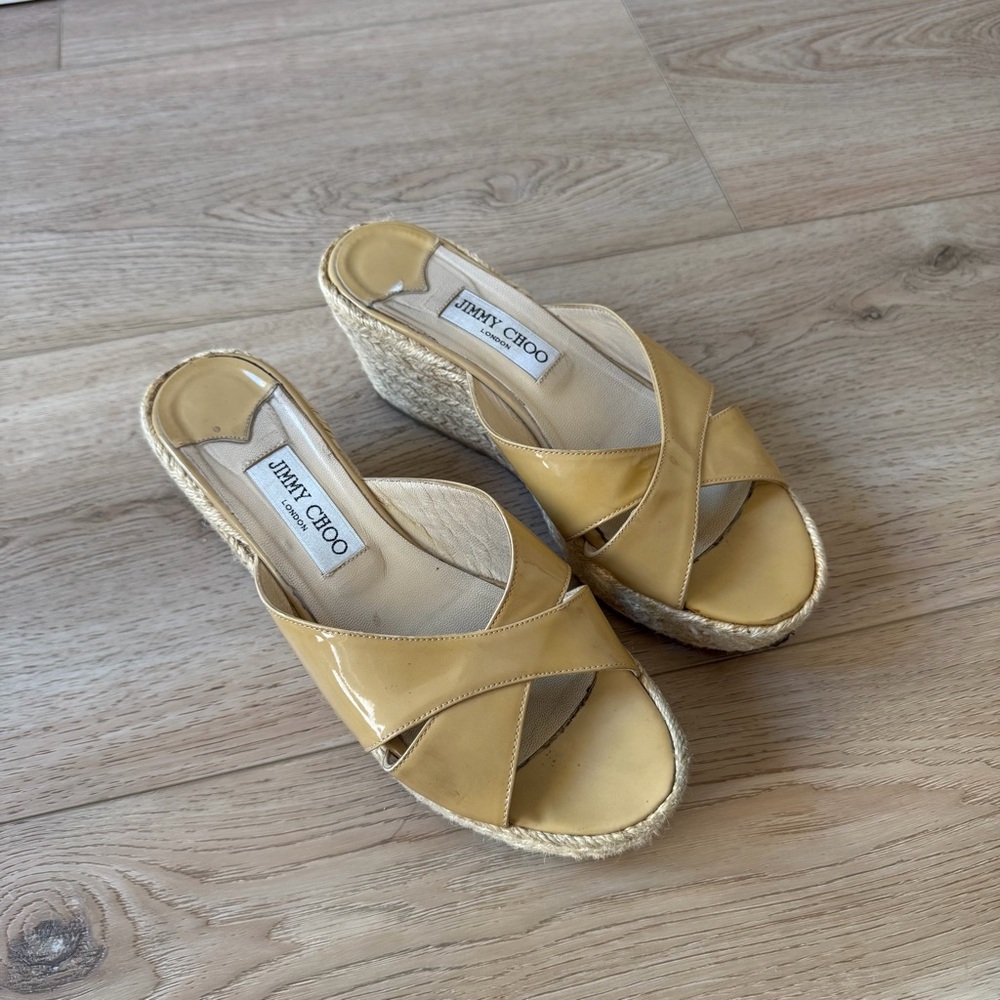 Jimmy Choo Yellow Patent Leather Wedge Espadrille Sandals